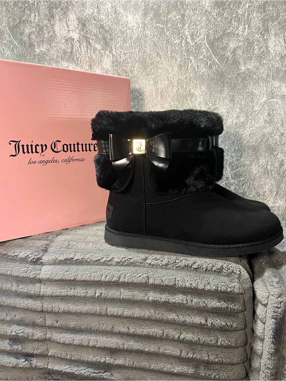Juicy Couture Black Fur Trim Bow Ankle Boots - Juicy Couture 9